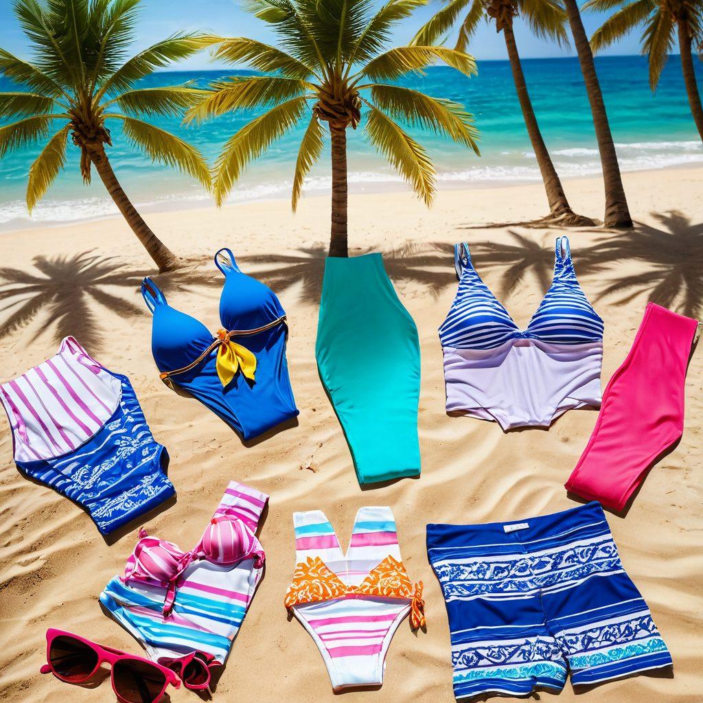 A vibrant beach scene featuring a variety of stylish swimwear, including colorful thongs and bikinis, displayed on a sandy shore. Sunlight sparkles on the water, casting playful reflections, while beach accessories like sunglasses and beach towels add to the atmosphere. The background includes palm trees swaying gently in the breeze, evoking a relaxed summer vibe. super-realistic. vibrant colors. summery ambiance.